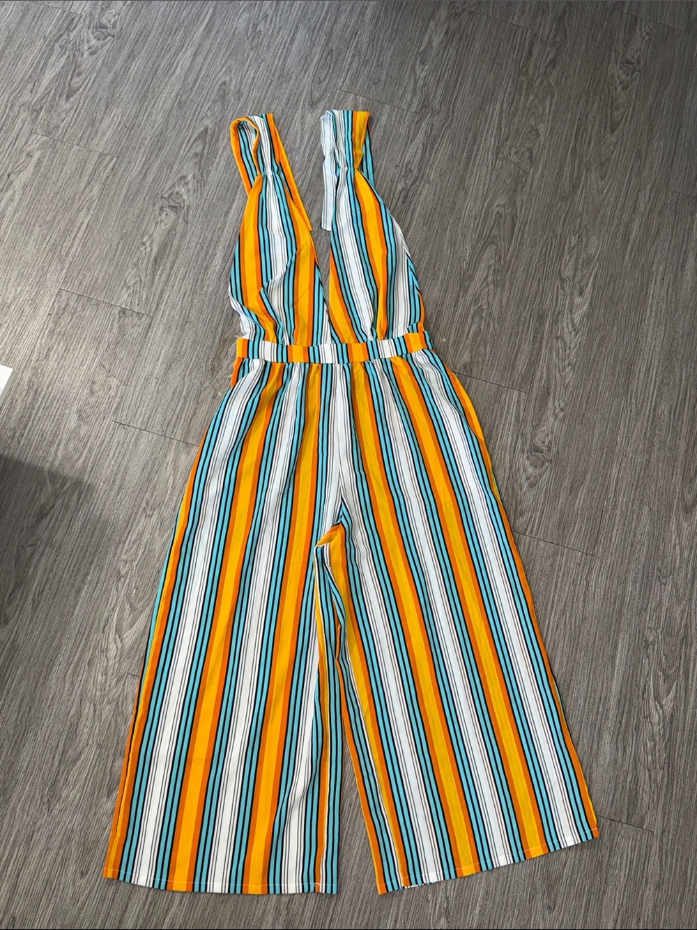 know one cares multicolor striped wide-leg jumpsuit in Yellow & Teal Size L